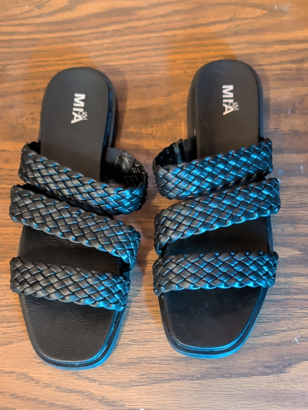 MIA Black Braided Triple-Strap Slide Sandals - Size 9.5